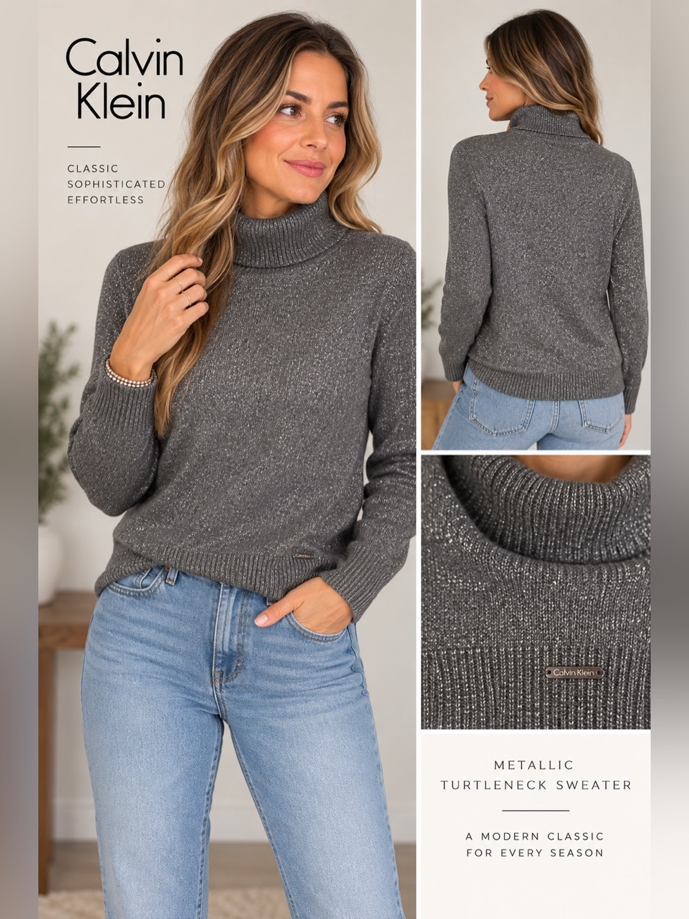 Calvin Klein Metallic Gray Turtleneck Sweater – Size Small